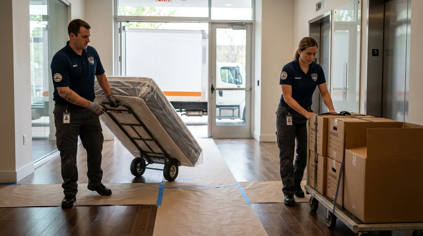 Professional apartment movers loading elevator in Flat Rock, NC